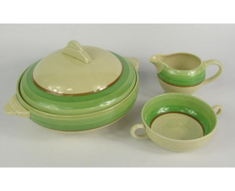 A Clarice Cliff pottery part dinner and tea service, with green banded decoration, comprising a pair of graduated meat platte