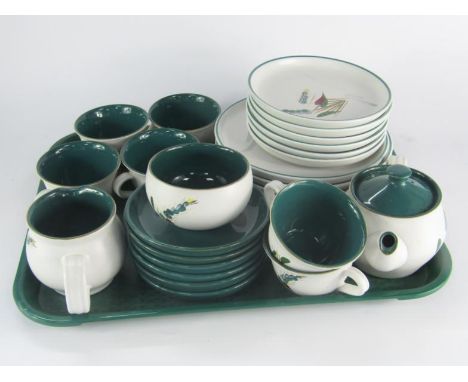 A Denby pottery part breakfast service, decorated in the Greenwheat pattern, comprising cream jug, sugar bowl, six tea cups, 