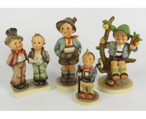 Four Hummel pottery figures, comprising Duet, Little Hiker, Brother, and Apple Tree Boy.