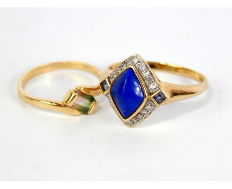 A 9ct gold lapis lazuli and diamond set ring, in a lozenge design, size T, and a further yellow metal and watermelon tourmali