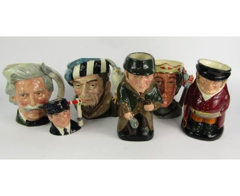 Royal Doulton character jugs, comprising Henry V D6671, The Falconer D6533, Sherlock Holmes D6661, Mark Twain D6654, The Hunt