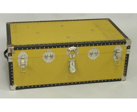 A yellow canvas bound cabin trunk, with black trim, 91cm x 51cm x 35cm.