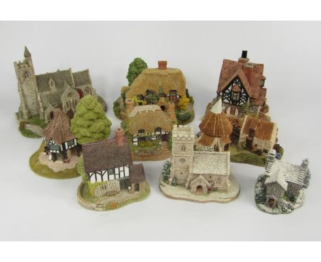 Lilliput Lane sculptures, comprising Flower Sellers, Tanglewood Lodge, Preston Mill, St Lawrence Church, Patterdale Cottage, 