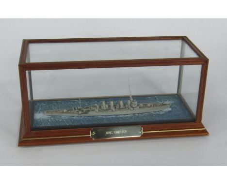 A scale model of the light cruiser HMS Chester, cased with name plate, 28 x 12½ x 12cm.