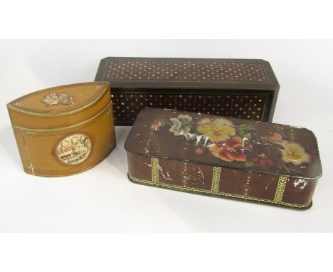 A Victorian rosewood box, with yew wood, mother of pearl and brass inlay, 30.5cm x 10.5cm x 8.5cm, Georgian style tin tea cad