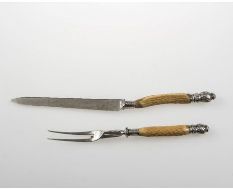 A SILVER MOUNTED CARVING KNIFE AND FORK WITH ANTLER HANDLES, Sheffield 1886