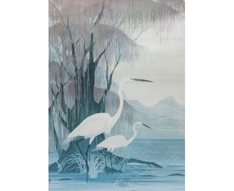 HARRY WYSOCKI (HERONIM, 20TH CENTURY) ORIENTAL EGRETS, lithograph, framed and glazed,  69cm by 51cm 