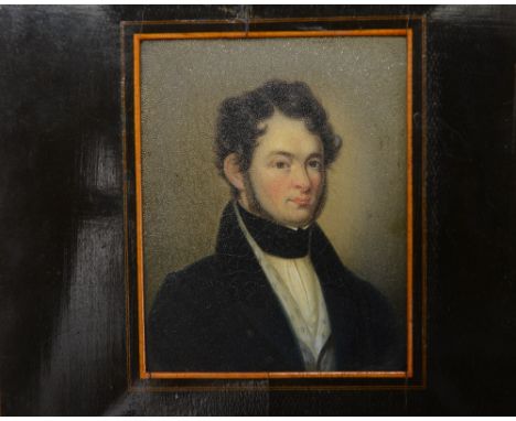 A MID 19th CENTURY MINIATURE OF A YOUNG GENTLEMAN, wearing a black coat and cravat with white shirt and waistcoat, oil on tin