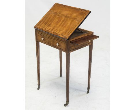 AN 18th CENTURY SATINWOOD READING STAND, the inlaid rectangular hinged top with fold out easel stand, the side fitted with a 