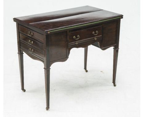 A MAHOGANY FOLD OUT CARD TABLE, circa 1930, the rectangular two piece hinged top folding out to reveal a green baize over a c