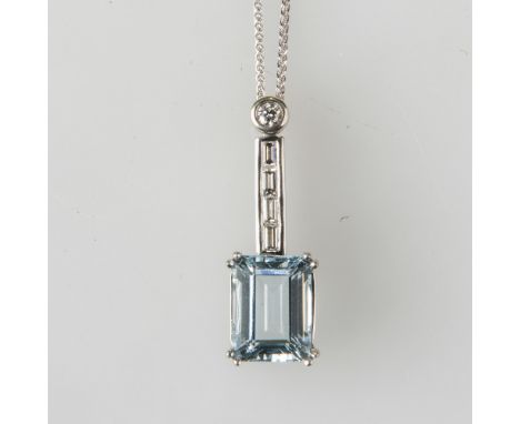 AN AQUAMARINE AND DIAMOND PENDANT, the emerald-cut aquamarine weighing approximately 4.5 carats, claw set beneath  line of ba