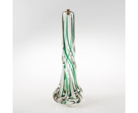 A SCOTTISH STRATHEARN GLASS LAMP BASE BY ANGUS SILLARS, OF TWISTED SHAPE WITH GREEN AND WHITE ENAMEL STRIPES, WITH FLARED BAS