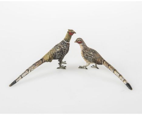 A PAIR OF COLD PAINTED BRONZE FIGURES OF PHEASANTS, length 13cm