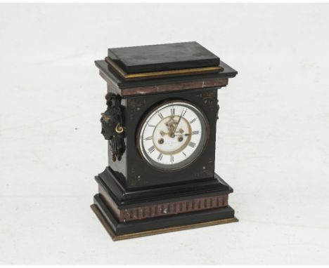 AN IMPOSING 19th CENTURY GILT-METAL MOUNTED BLACK SLATE AND ROUGE MARBLE MANTLE CLOCK, the white enamel dial with Roman numer