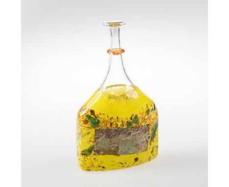 A SWEDISH KOSTA BODA GLASS SATELLITE FLASK OF FLATTENED FORM, circa 1980,  with slender clear glass ringed neck, the body wit
