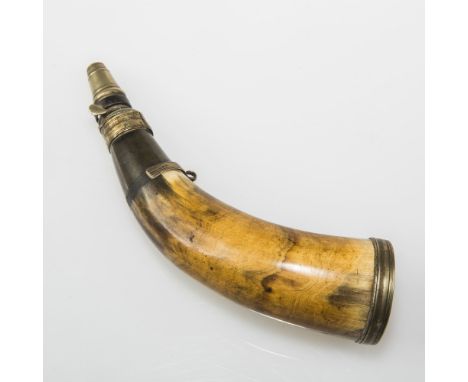 A COW HORN POWDER FLASK (possibly American) with brass mounts,  approx length 22cm 