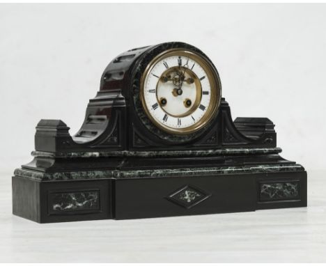 A 19th CENTURY SLATE AND GREEN VARIEGATED MARBLE DRUMHEAD MANTLE CLOCK, the white enamel dial with Roman numerals within a ca