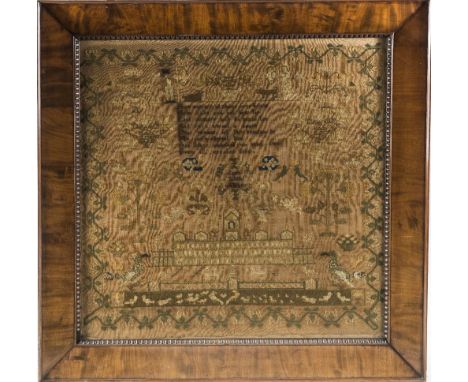 A LARGE 19th CENTURY SAMPLER, Sarah Jagger, worked with a building, figures, birds and animals and in a handsome period mahog