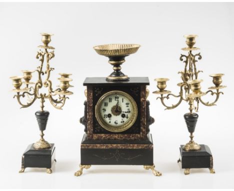 A 19th CENTURY FRENCH GILT METAL MOUNTED SLATE AND MARBLE CASED CLOCK GARNITURE, the white enamel dial with Arabic numerals a