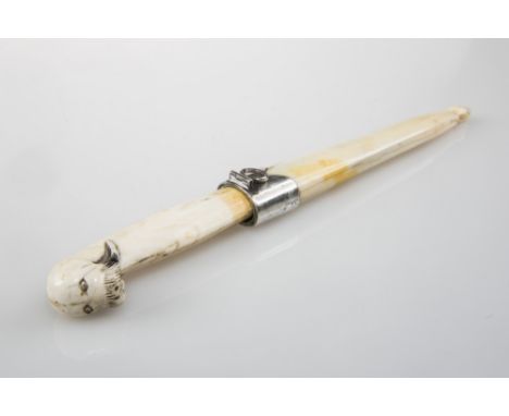 A NORWEGIAN WALRUS IVORY HUNTING KNIFE AND SCABBARD, the white metal mounts (possibly silver) marked for Marius Hammer and st