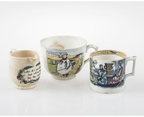 A 19th CENTURY ENGLISH PEARLWARE MUG, decorated with a transfer print of Oriental figures on a balcony, together with A LARGE