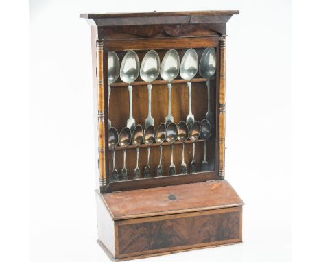 A 19th CENTURY INLAID MAHOGANY AND WALNUT SPOON RACK, the glazed upper section with architectural cornice and turned uprights
