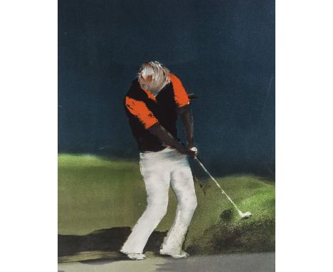 OF GOLFING INTEREST, LARGE LIMITED EDITION SILK SCREEN PRINT OF GREG NORMAN, indistinctly signed in pencil by the artist,  nu