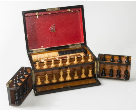 A BURR WALNUT and EBONY LINED GAMES COMPENDIUM, bears brass label titled The Royal Cabinet of Games, with hinged lid and fron