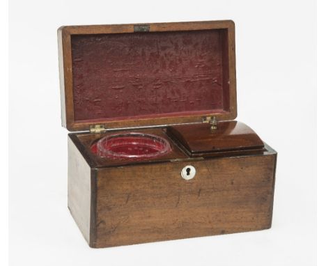 A 19th CENTURY MAHOGANY TEA CADDY, the hinged rectangular top opening to reveal a lidded compartment and a glass liner, with 
