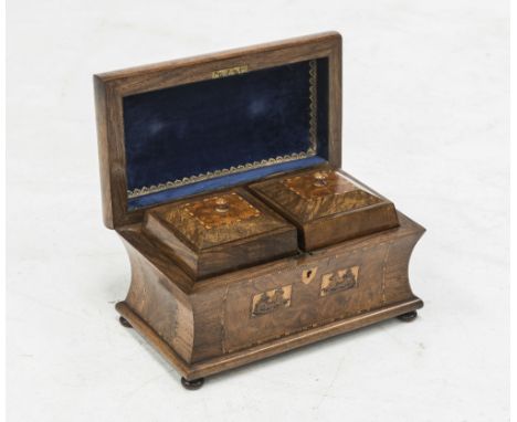A MID 19th CENTURY INLAID WALNUT TWIN COMPARTMENT TEA CADDY, decorated with bands and panels of Tunbridge type, the domed cov