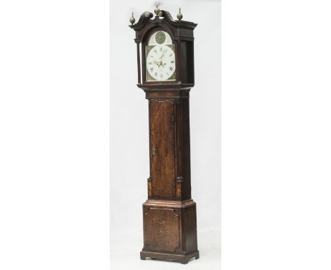 AN 18th CENTURY OAK CASED LONG CASE CLOCK, the white enamel dial with Roman numerals, date aperture and subsidiary dial, flor