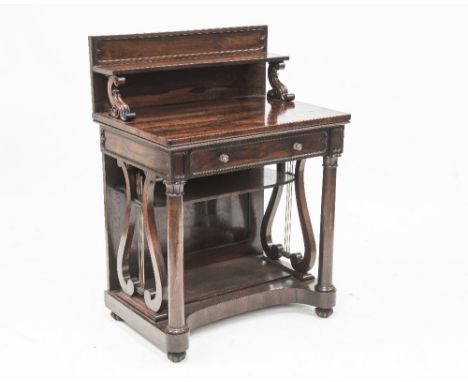 A GEORGE IV ROSEWOOD CHIFFONIER, the rectangular top with a shelf superstructure supported by scroll carved uprights over a f