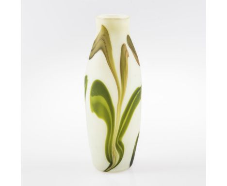 A GREEN CAMEO GLASS VASE OF SLENDER BALUSTER FORM, early 20th Century,  decorated with stylised foliage on a light green grou