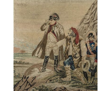 A 19th CENTURY SAMPLER WORKED TO DEPICT NAPOLEON, in a rosewood frame. 46cm by 43cm overall