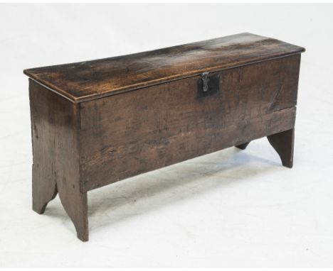 AN 18th CENTURY SIX PANEL COFFER, of small proportions. 0.53m by 1.12m by 0.33m
