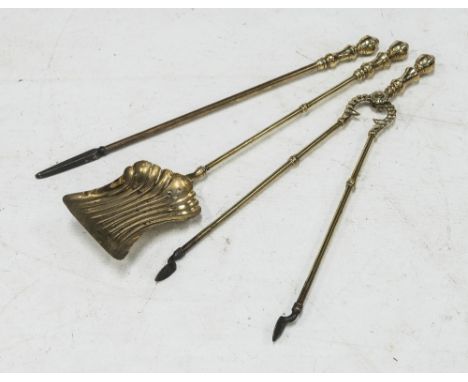 A SET OF THREE 19th CENTURY BRASS FIRE TOOLS, comprising: shovel; tongs and poker.