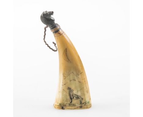 A SMALL HORN POWDER FLASK, possibly American, decorated with a bison and with carved horse head stopper. 16.5cm