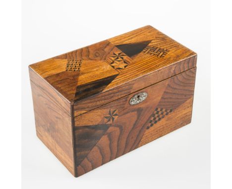 A LATE 19th CENTURY/EARLY 20th CENTURY JAPANESE MARQUETRY TEA CADDY, the hinged lid and body inlaid with various veneers and 