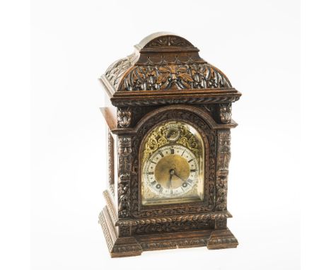 A GERMAN OAK CASED BRACKET CLOCK, WINTERHALDER & HOFMEIER, LATE 19th CENTURY, the architectural case with caddy top and boldl