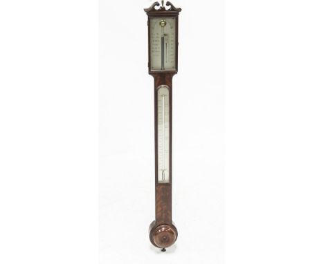 AN EARLY 19th CENTURY MAHOGANY CASED STICK BAROMETER, WATKINS, CHARING CROSS, with broken pediment above a signed silvered ve