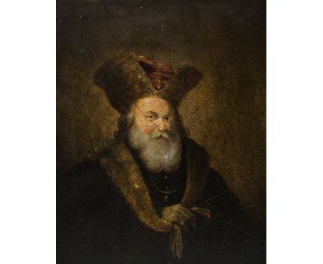 PORTRAIT OF A GENTLEMAN, POSSIBLY WILLIAM CECIL, 1st LORD BURGHLEY, pictured in a fur hat, oil on panel, framed. 23cm by 18cm