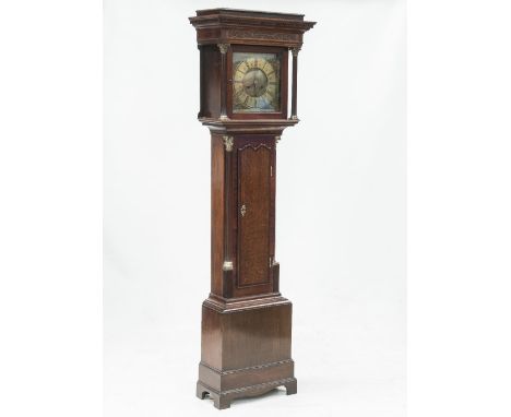 AN 18th CENTURY OAK CASED LONGCASE CLOCK, R. SHERRATT, TITLEY (C.1720-1730), the 12" brass dial with chapter ring and Roman n