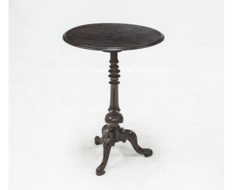 A 19th CENTURY MAHOGANY TRIPOD TABLE, with an attractive ring turned and leaf carved standard and raised on acanthus leaf and