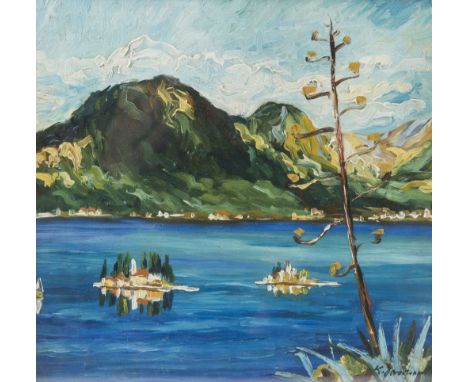 EARLY 20TH CENTURY GREEK SCHOOL, VIEW OF TWO ISLANDS ON A LAKE WITH MOUNTAINS BEYOND, indistinctly signed K **** and inscribe