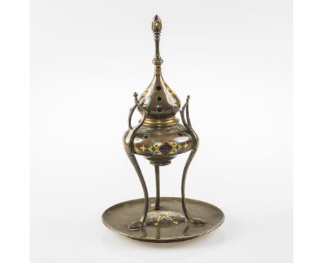 A 19th CENTURY BARBEDIENNE BRONZE AND CHAMPLEVE ENAMEL INCENSE BURNER, in the Islamic taste, impressed foundry marks. 27cm
