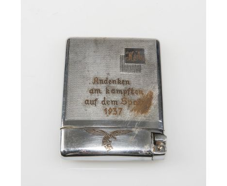 A 1930's GERMAN LUFTWAFFE WHITE METAL COMBINATION CIGARETTE CASE AND LIGHTER , bearing presentation inscription "Andenken am 