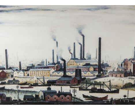 AFTER L.S. LOWRY, A RIVER BANK,  LIMITED EDITION PRINT 790/850, with blind stamp and National Fine Art label verso, 43cm  by 