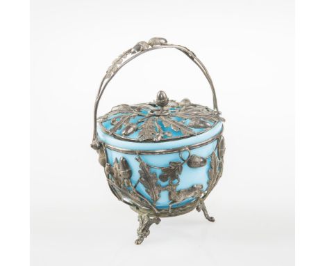 A LATE 19TH CENTURY PIERCED SILVER PLATED BOWL AND COVER WITH TURQUOISE MILK GLASS LINER, the cover with an acorn finial and 