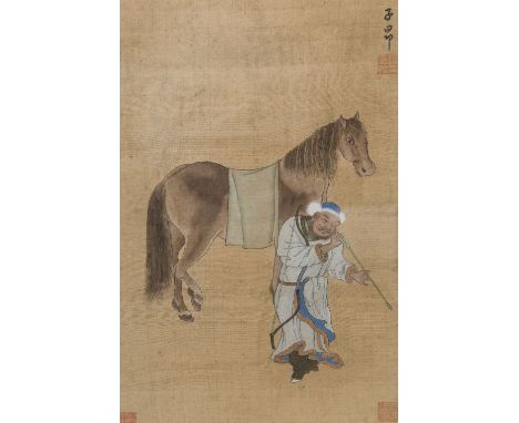 CHINESE SCHOOL, circa 1900, HUNTSMAN WITH HIS BOW AND ARROW BESIDE A HORSE, watercolour on silk, bears three red Chinese stam