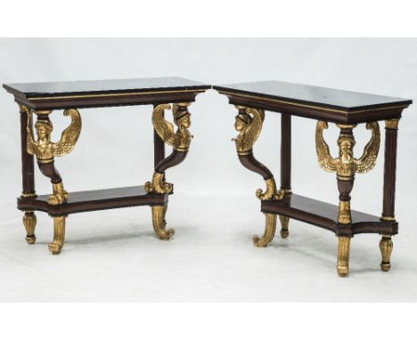 A PAIR OF REGENCY STYLE PARCEL GILT GRAIN PAINTED FAUX ROSEWOOD MARBLE TOPPED CONSOLE TABLES, each with a rectangular black m